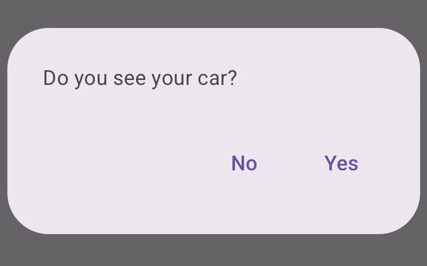 A dialog asking: Do you see your car? with No and Yes buttons.