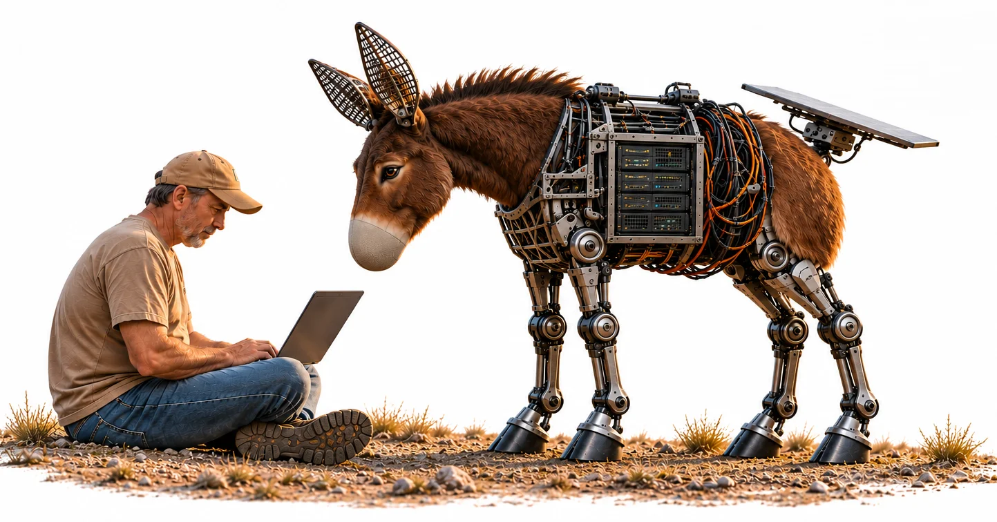 A man sits on the ground working on a laptop while a robotic pack mule, carrying server racks and a solar panel, looks over his shoulder.